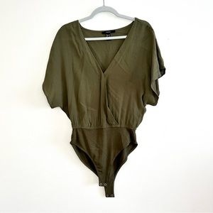 Forever 21 V Neck Olive Green Short Sleeve Bodysuit